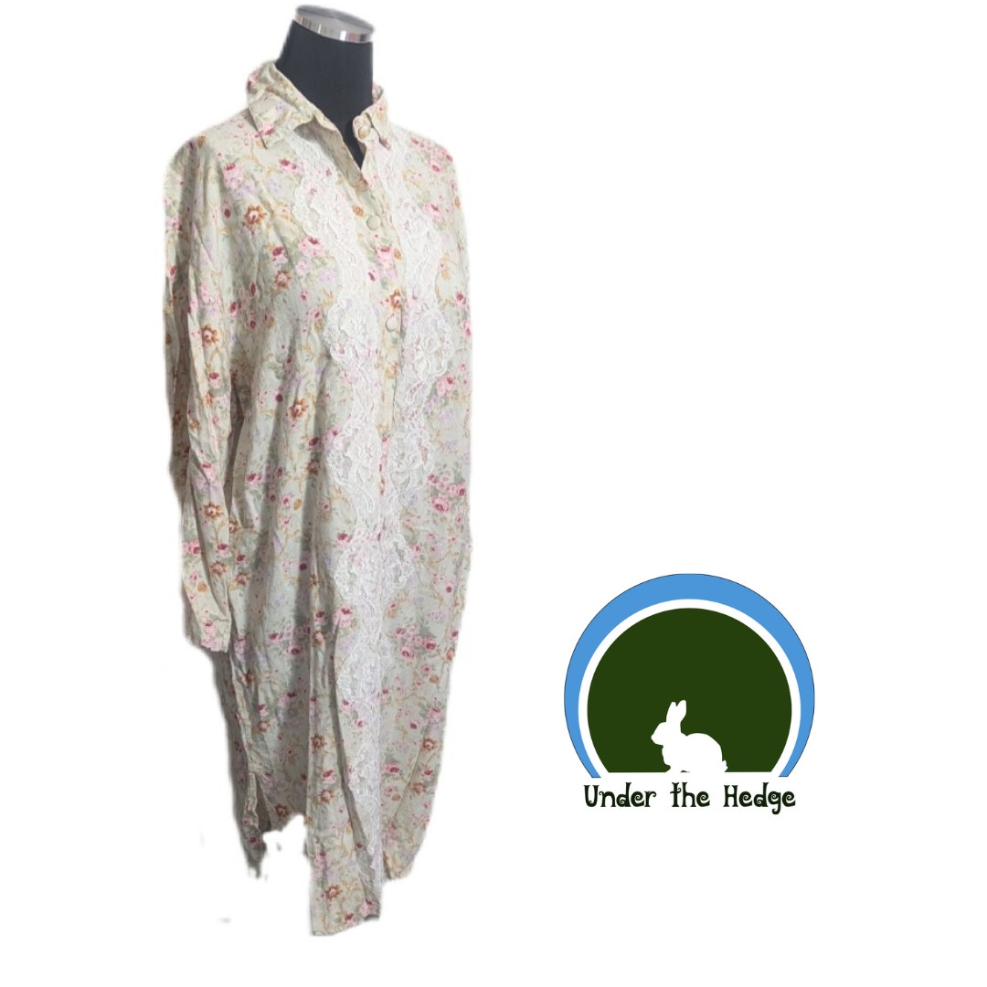 Vtg Victoria Secret Gold Label Green Floral Lace Button Up Sleep Shirt M/L K1